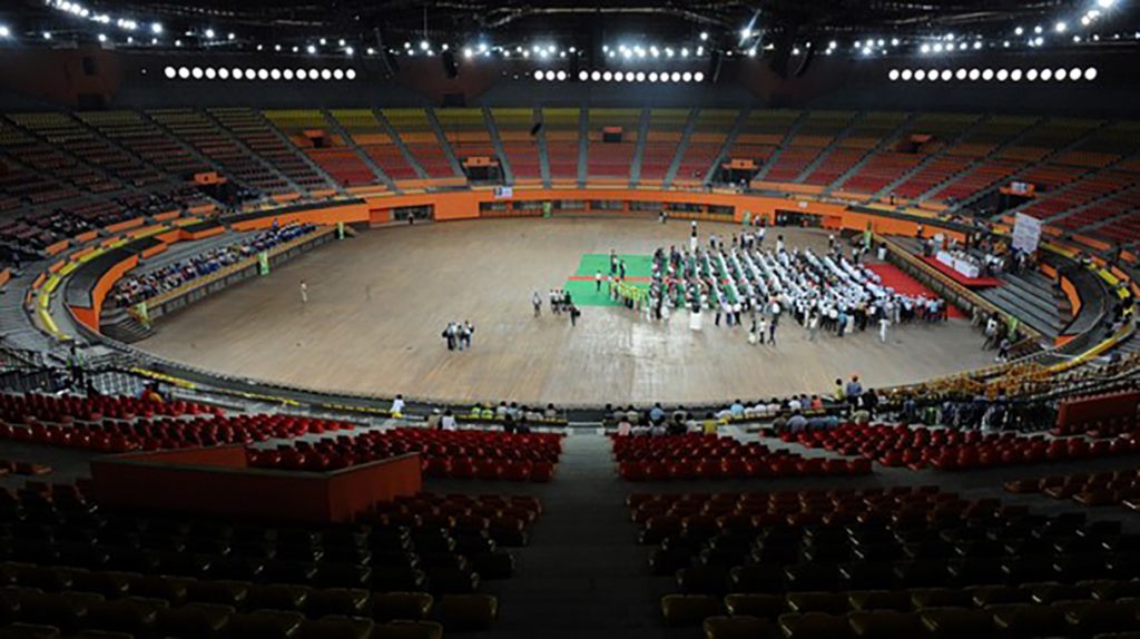General view of The Indira Gandhi Indoor Gymnastics Stadium with a seating capacity of 15,000 during a inauguration ceremony ahead of the forthcoming Commonwealth Games 2010 in New Delhi on April 10, 2010. The four-yearly Commonwealth Games, featuring 71 teams from Commonwealth countries, are due to be held in the Indian capital October 3-14. AFP PHOTO/RAVEENDRAN (Photo credit should read RAVEENDRAN/AFP/Getty Images)